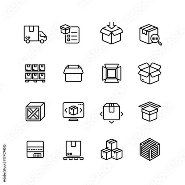 Fototapeta Product packing line icons. Box warehousing outline vector symbols