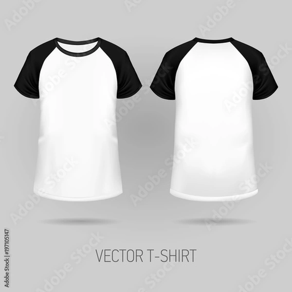 Fototapeta Raglan t-shirt with black short sleeve in front and back views, realistic gradient mesh vetor.