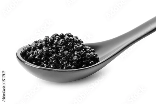 Obraz Ceramic spoon with black caviar on white background