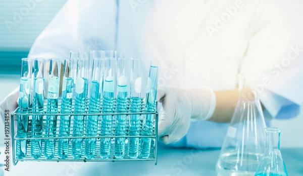 Fototapeta Test tubes closeup, science laboratory research and development concept