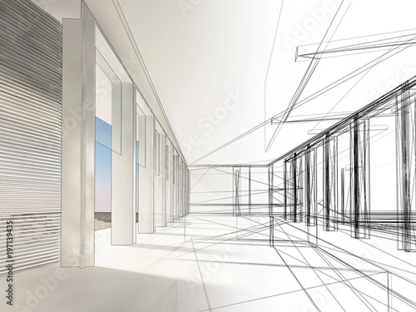 Obraz szkic projektu wnętrza hali, renderowanie 3d