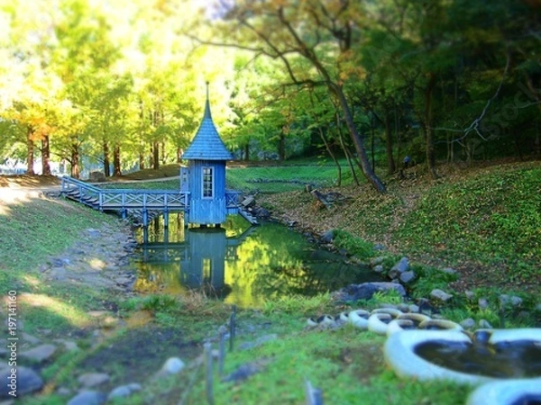 Obraz 森の池に浮かぶ妖精の青い家