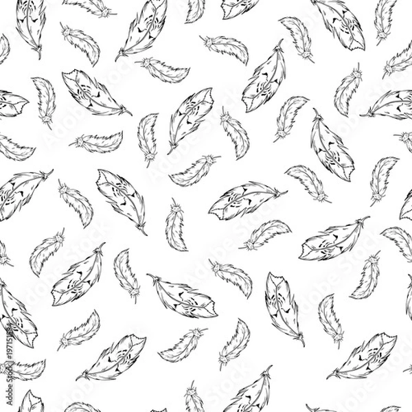Obraz Seamless pattern with black graphic feathers on white background. Hand drawn vector ink illustration.