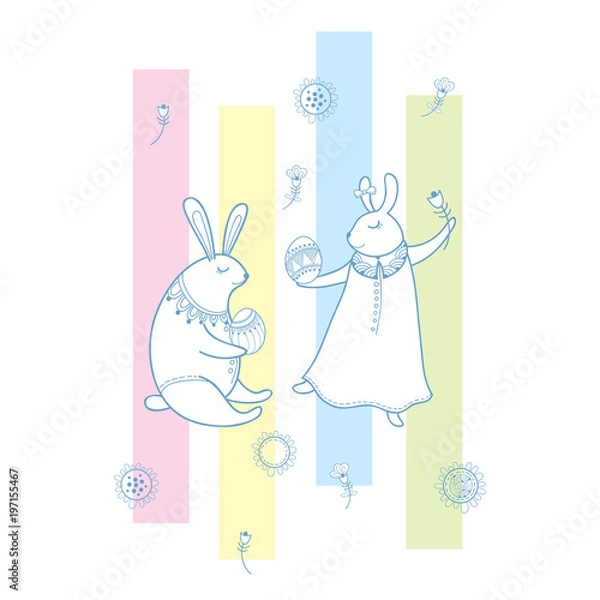 Obraz Vector Happy Easter greeting with outline rabbit couple, traditional Easter symbol and stripes in pastel color isolated on white background. Cute Easter bunny pair in contour for holiday decor.