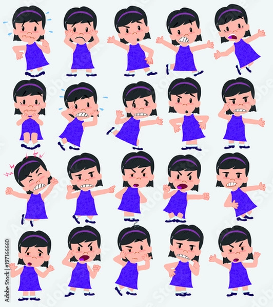 Fototapeta Cartoon character girl. Set with different postures, attitudes and poses, always in negative attitude, doing different activities in vector vector illustrations.