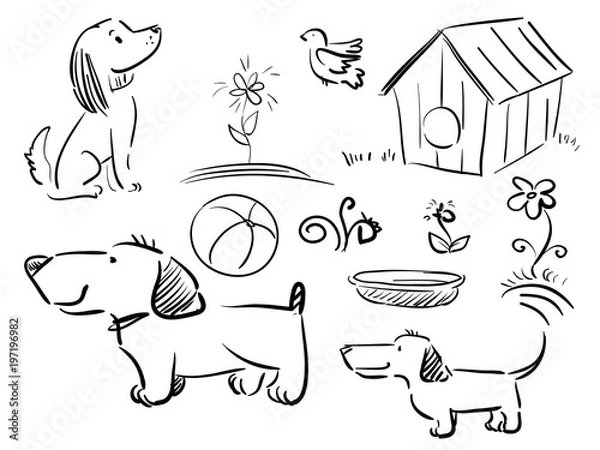 Fototapeta Vector doodle sketch dog, bird, element of yard
