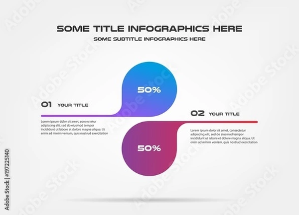 Fototapeta Wykres procentowy infografiki. Element wykresu, diagram z 2 opcjami - części, procesy, oś czasu. Wektor szablon biznesowy do prezentacji, układ przepływu pracy, raport roczny