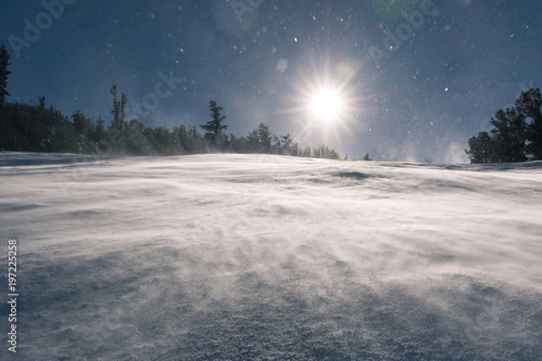 Fototapeta Sunny snowy ski trail with bokeh