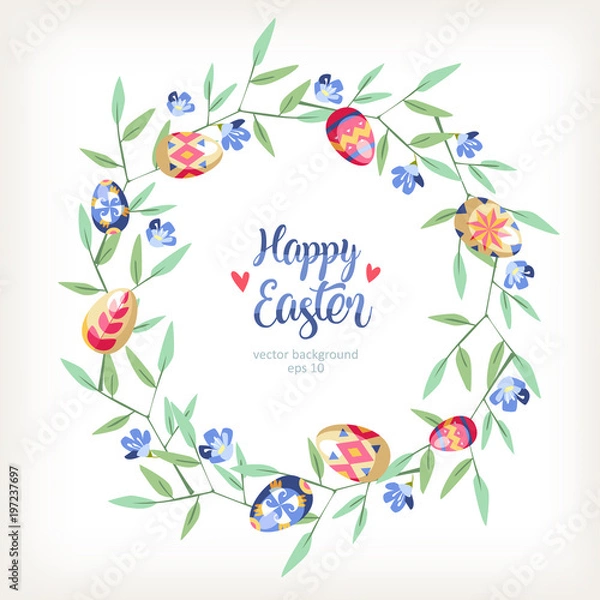 Fototapeta Easter great round floral background with colored easter eggs growed at branch of tree
