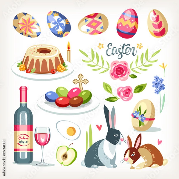 Fototapeta Easter collection set with traditional easter objects sacred food aminals drink cakes eggs