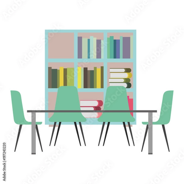 Fototapeta library with bookshelves and desk with chairs vector illustration