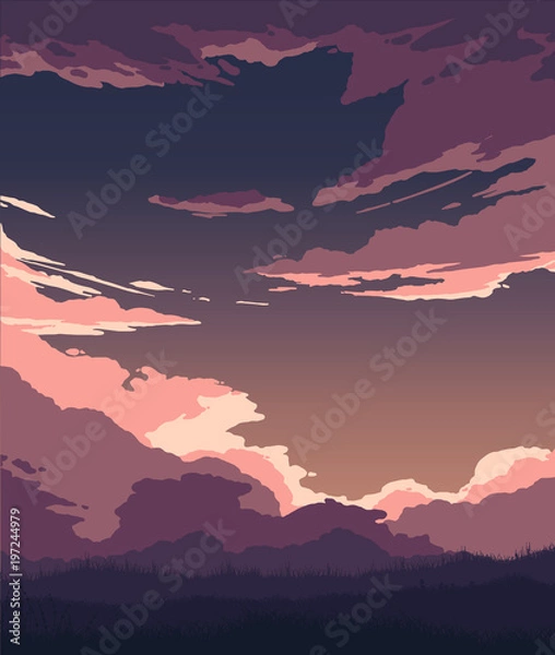 Fototapeta illustration of flat colored clouds and grass 