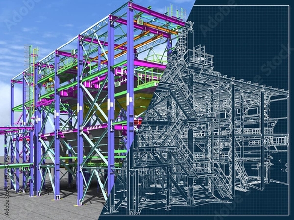 Fototapeta 3D rendering and drawing on a blue background of metal buildings. Engineering background. The architectural background.