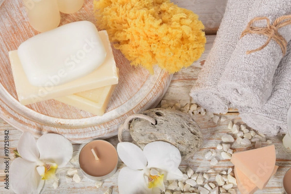 Obraz natural pumice to heels with ecological soap and olive