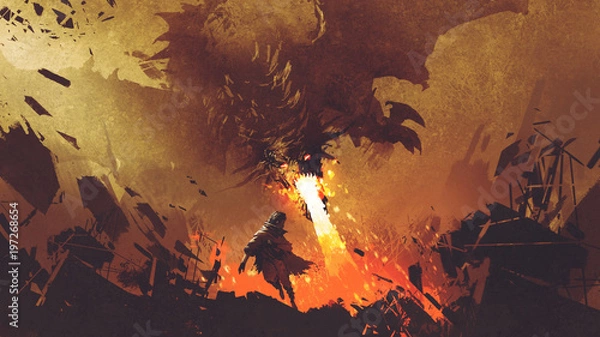 Obraz scena fantasy przedstawiająca młodego chłopca uciekającego przed smokiem ognia, styl sztuki cyfrowej, malarstwo ilustracyjne