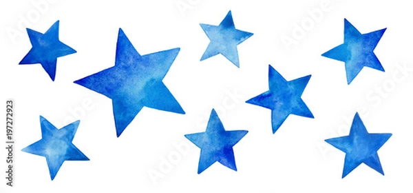 Obraz Collection of various blue watercolor stars. Beautiful and cute decorative elements for design, patterns, wallpaper, decoration. Colorful hand drawn painting on white backdrop, cutout clip art.