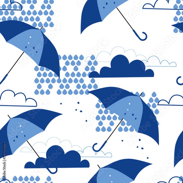 Obraz Seamless background with rain. Pattern with clouds, umbrellas