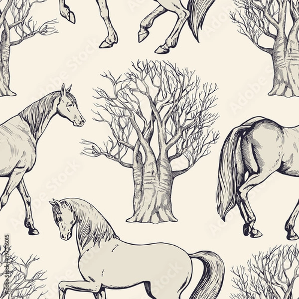 Fototapeta Vintage beautiful background with horses and trees, creative forest, retro seamless pattern, art fabric, fantasy vector print, wallpaper for decoration and design