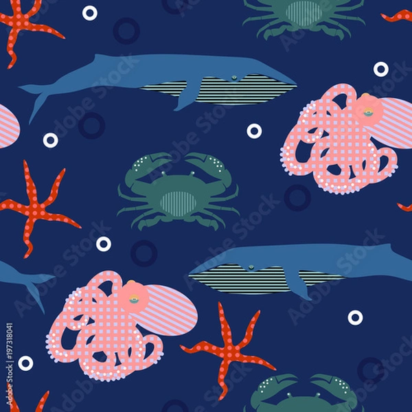 Fototapeta Seamless marine pattern. Background with marine animals.