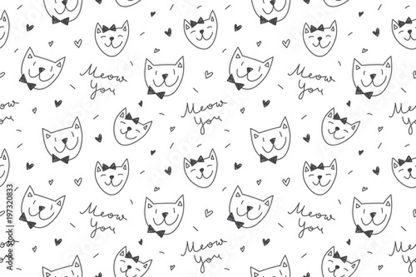 Fototapeta Cats in love, vector seamless pattern with cartoon cat faces and lettering Meow You