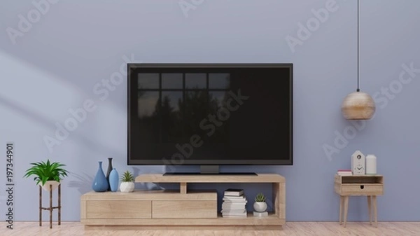 Fototapeta Smart TV on cabinet and dark wall background. 3d rendering