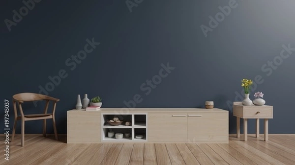 Fototapeta Cabinet in modern empty room,dark wall background, 3d rendering