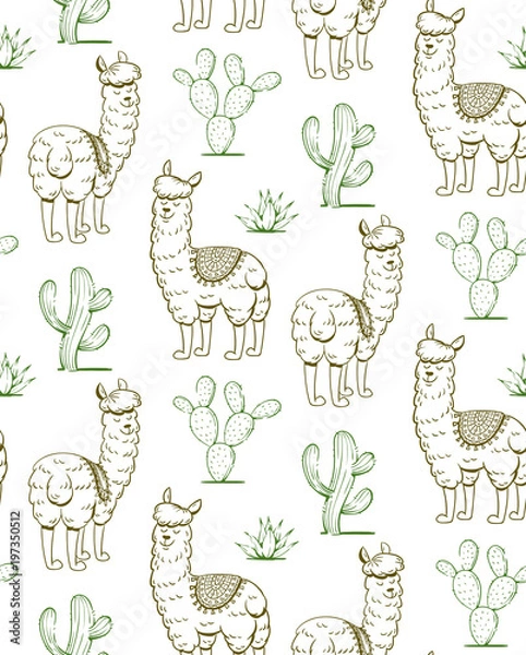 Fototapeta Hand drawn pattern of lamas and mexican plants. Vector illustration.