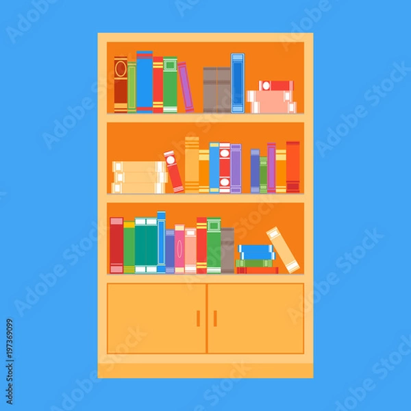Fototapeta A large wooden bookcase on a blue background. Flat style. Different books on the shelves. Vector illustration