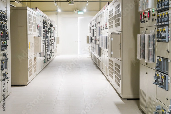 Fototapeta Electrical Room, medium and high voltage switcher, equipment, panel to control and protect the electrical equipment and system by fuse, circuit breaker, control panel at power plant and substation