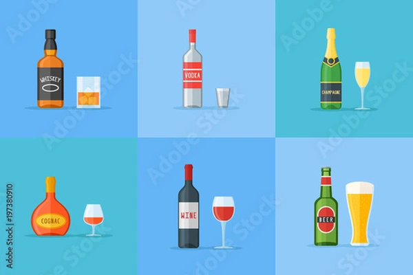 Obraz Set of bottles and glasses with alcohol drinks. Whiskey, vodka, cognac, wine, beer and champagne. Flat style icons. Vector illustration.