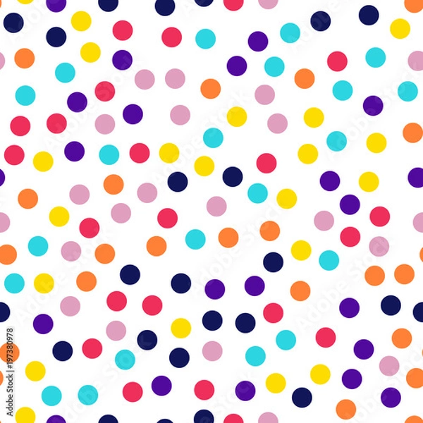 Fototapeta Memphis style polka dots seamless pattern on white background. Amazing modern memphis polka dots creative pattern. Bright scattered confetti fall chaotic decor. Vector illustration.