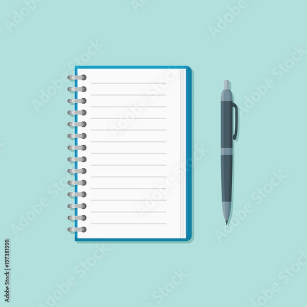 Fototapeta Open notepad with pen isolated on background. Flat style icon. Vector illustration.