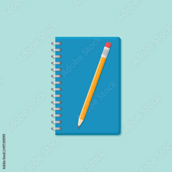 Obraz Closed notebook with pencil isolated on background. Flat style icon. Vector illustration.