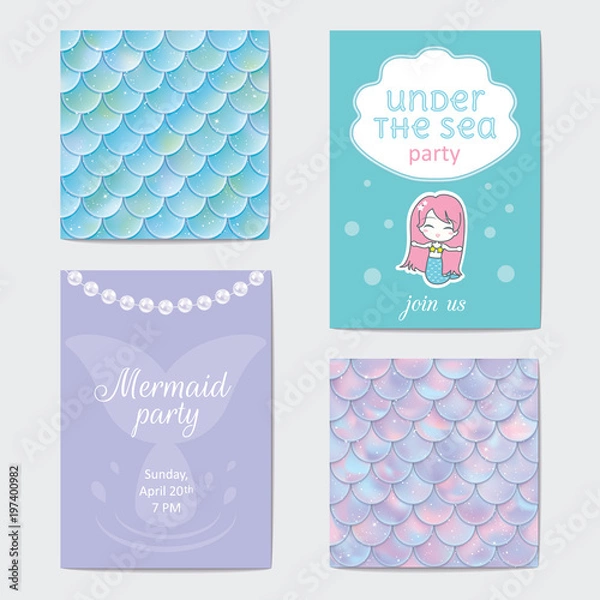 Obraz Party invitation. Holographic fish or mermaid scales, pearls and frame. Vector illustration