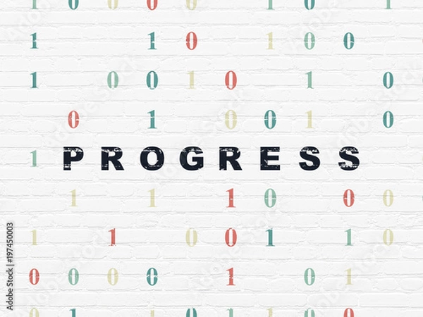 Fototapeta Finance concept: Painted black text Progress on White Brick wall background with Binary Code