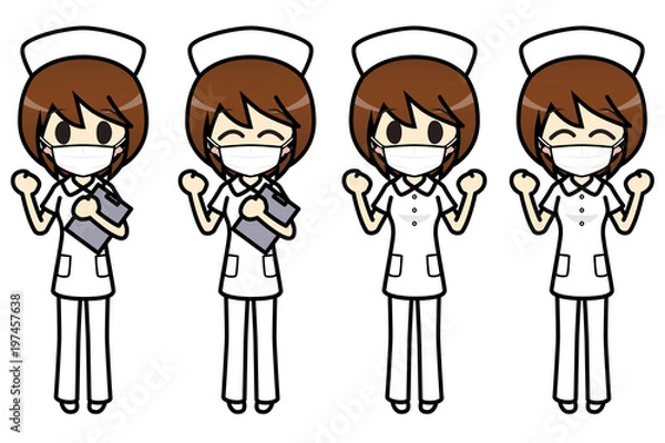 Obraz シンプルキャラクター　会話・表情イラスト集　看護師（パンツスタイル・マスク付き）　女性　ガッツポーズ1 