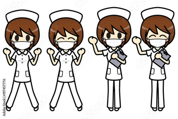 Obraz シンプルキャラクター　会話・表情イラスト集　看護師（パンツスタイル・マスク付き）　女性　ガッツポーズ2 