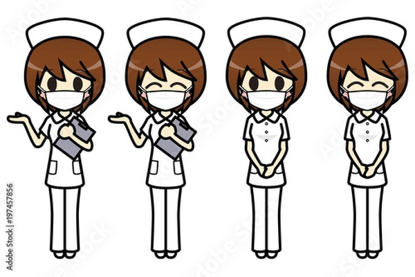 Obraz シンプルキャラクター　会話・表情イラスト集　看護師（パンツスタイル・マスク付き）　女性　案内 