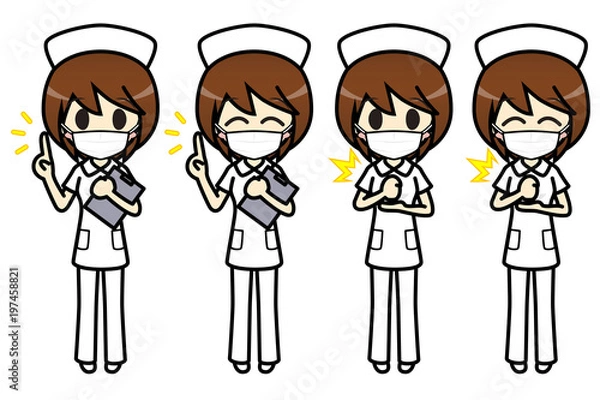 Obraz シンプルキャラクター　会話・表情イラスト集　看護師（パンツスタイル・マスク付き）　女性　要点・納得 