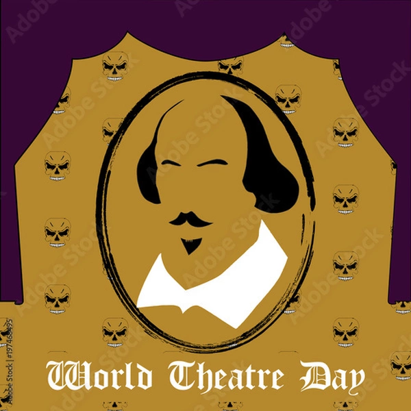 Fototapeta World theatre day vector minimal concept, William Shakespere abstract portrait isolated on pattern with sculls  