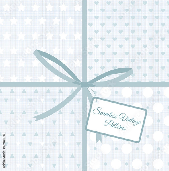 Fototapeta Vector illustration of geometric retro seamless patterns on fabric texture backgrounds, vintage light blue color linen cloth.