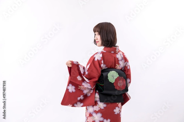 Fototapeta 着物 大和撫子 白背景 立ち姿 振り向き