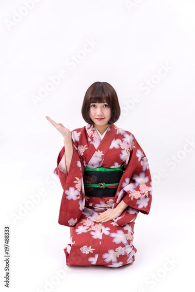 Fototapeta 着物 大和撫子 白背景 正座 紹介