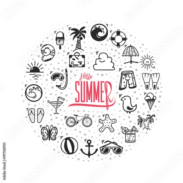 Fototapeta A set of summer icons. Hello summer Banner of icons arranged in the form of a circle.