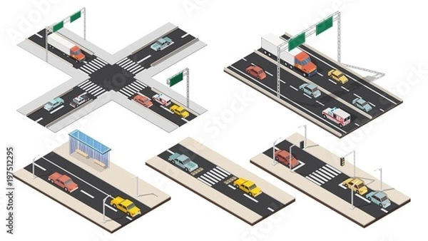 Obraz Isometric crossroads and roads with highways traffic set elements.
