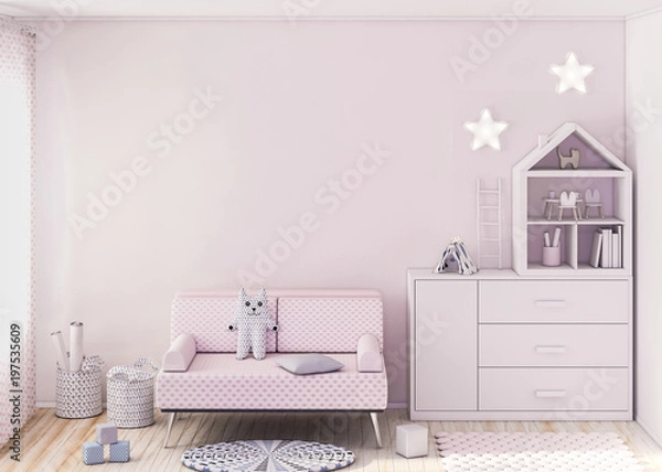Fototapeta Mockup wall in child room 3d rendering