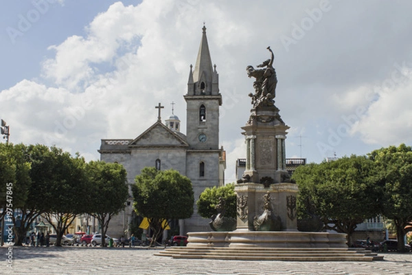 Obraz 'São Sebastião' square and Church. Sunny day, blue sky with clouds. Manaus, Amazon / Brazil