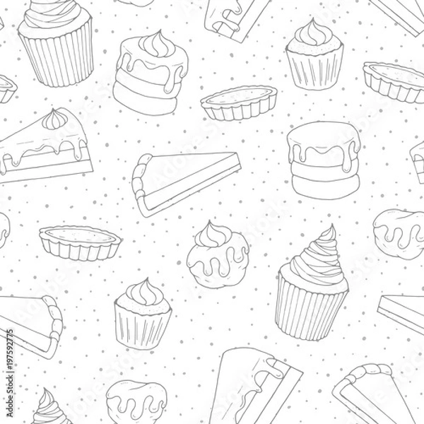 Fototapeta Hand drawn vector pastry seamless pattern with cakes, pies, muffins and eclairs covered with topping. Sweet bakery products contours in sketchy style on the dotted background.