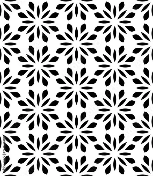 Obraz Vector seamless pattern. Stylish textile print with abstract black flowers. Oriental floral fabric background. Hexagonal monochrome swatch.