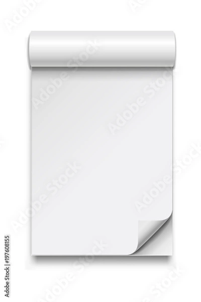 Fototapeta Open blank album or magazine with curled corner and soft shadow. Realistic empty template or mock up isolated on white background. Vector illustration, eps 10.